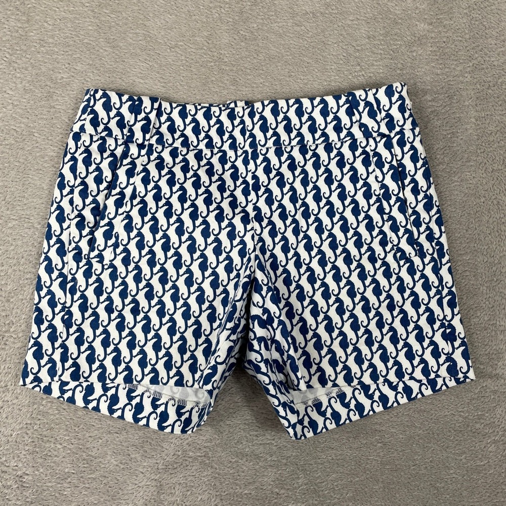 J Crew Seahorse Print Shorts Womens 0 Blue Nautical Stretch Chino Side Zip